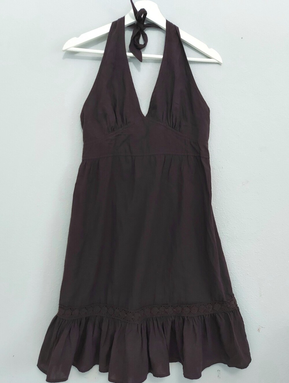 Tommy Bahama Halter Tie Smocked Crochet Ruffle Hem Dress Brown Medium Resortwear